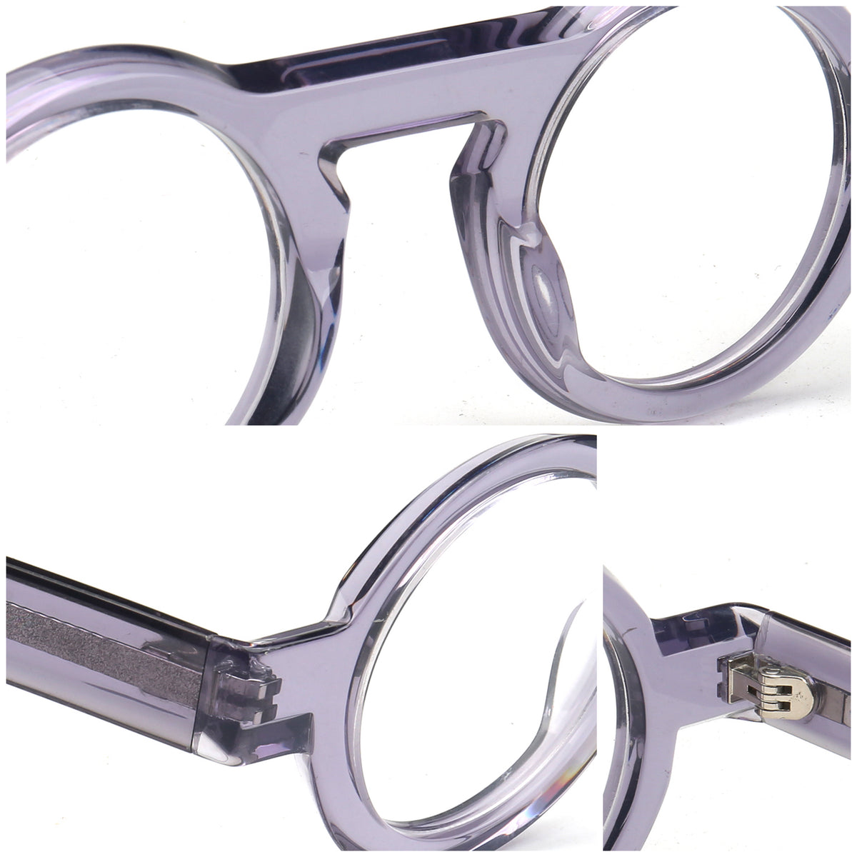 Close-up detail shots of translucent lavender-purple round eyeglass frames, showing the temple, hinge, and front corner against a white background.