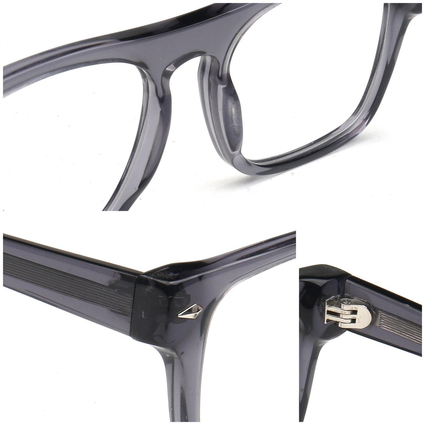 Close-up views of a translucent dark gray acetate eyeglass frame, showing the temple, bridge, and hinge details against a white background.