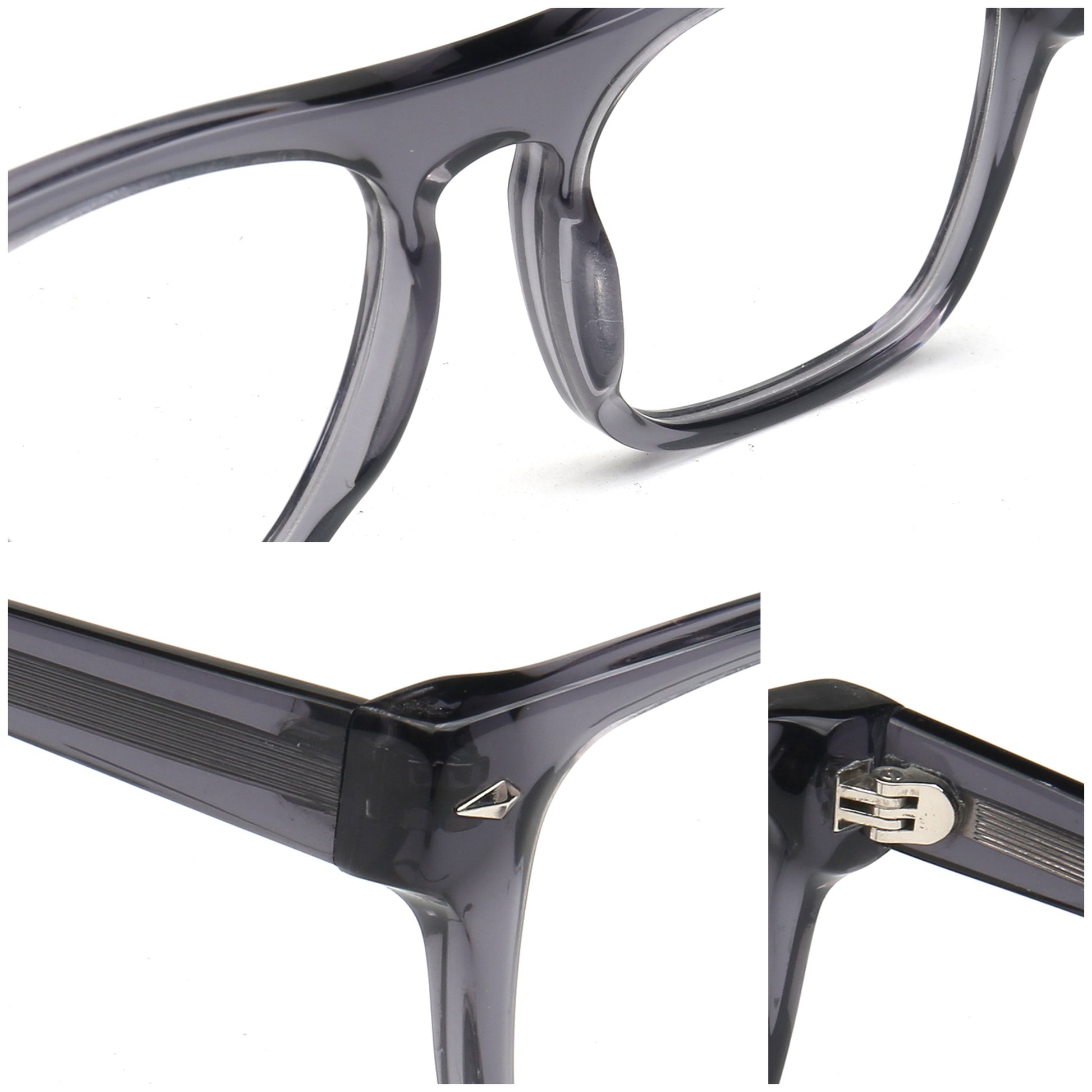 Close-up views of a translucent dark gray acetate eyeglass frame, showing the temple, bridge, and hinge details against a white background.