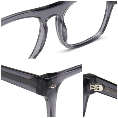 Close-up views of a translucent dark gray acetate eyeglass frame, showing the temple, bridge, and hinge details against a white background.