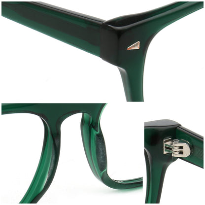 Close-up views of green acetate eyeglass frames showing the temple corner, lens area, and hinge with a silver metal buckle on a white background.