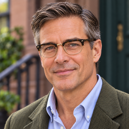 a man wearing round gold half rimmed eyeglasses 