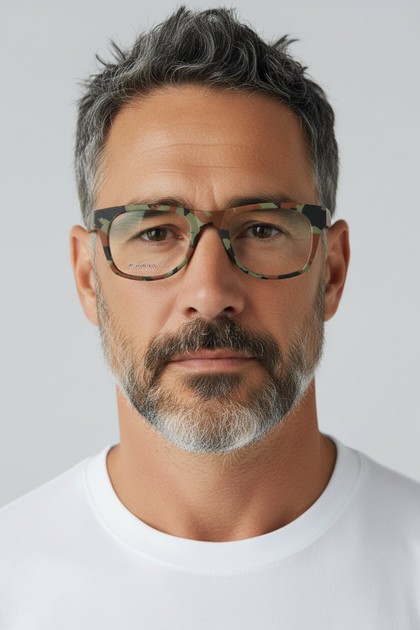 camo glasses frames on model face