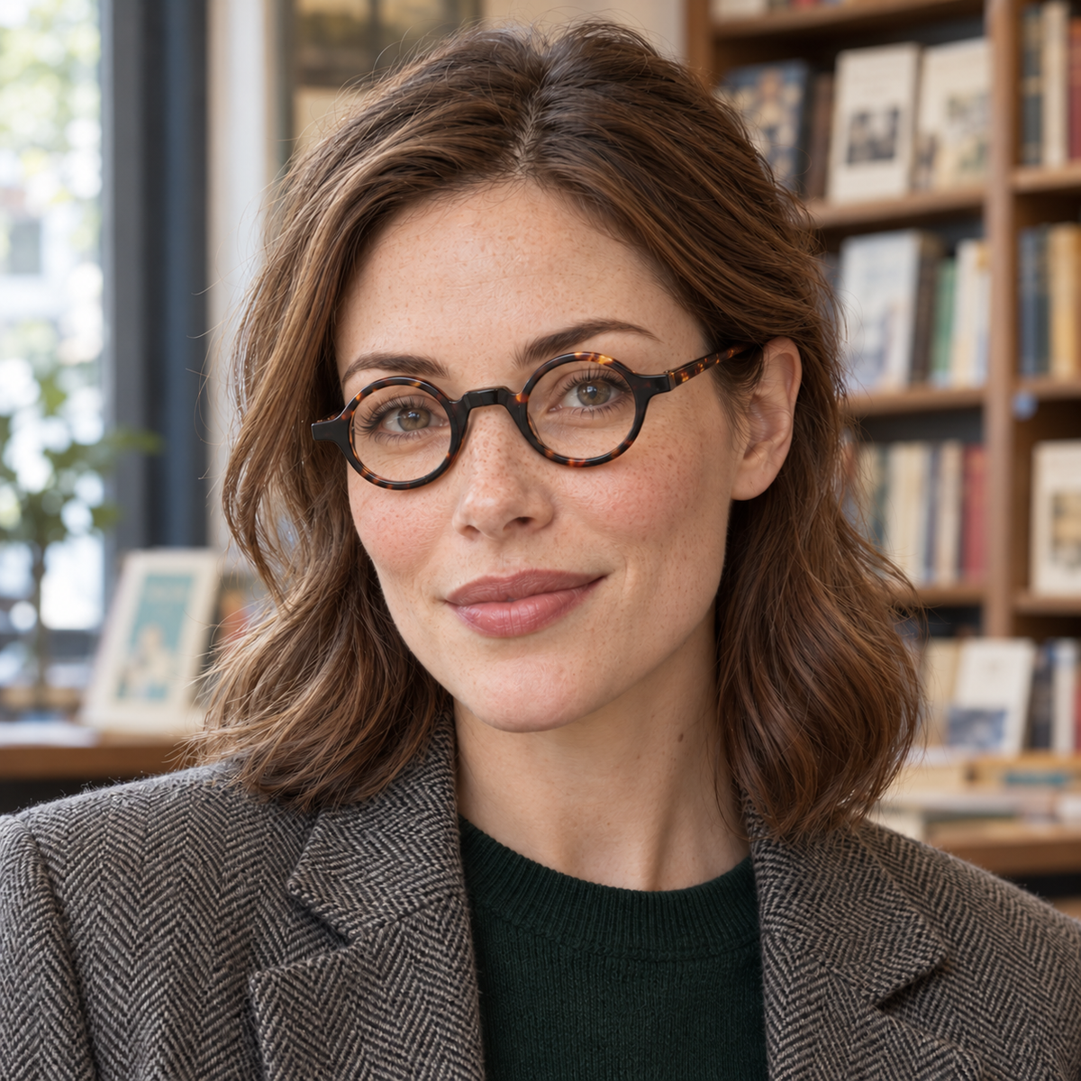 A woman wearing tortoiseshell round eyeglasses