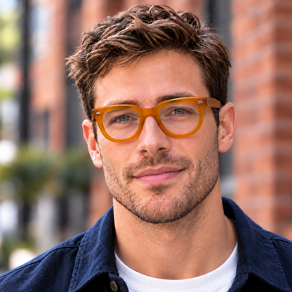 A man wearing chunky, thick orange-yellow acetate eyeglass frames