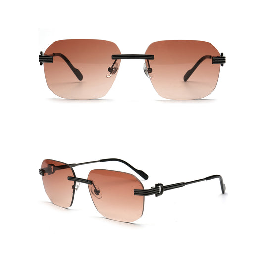 brown gradient square rimless sunglasses with black metal temples