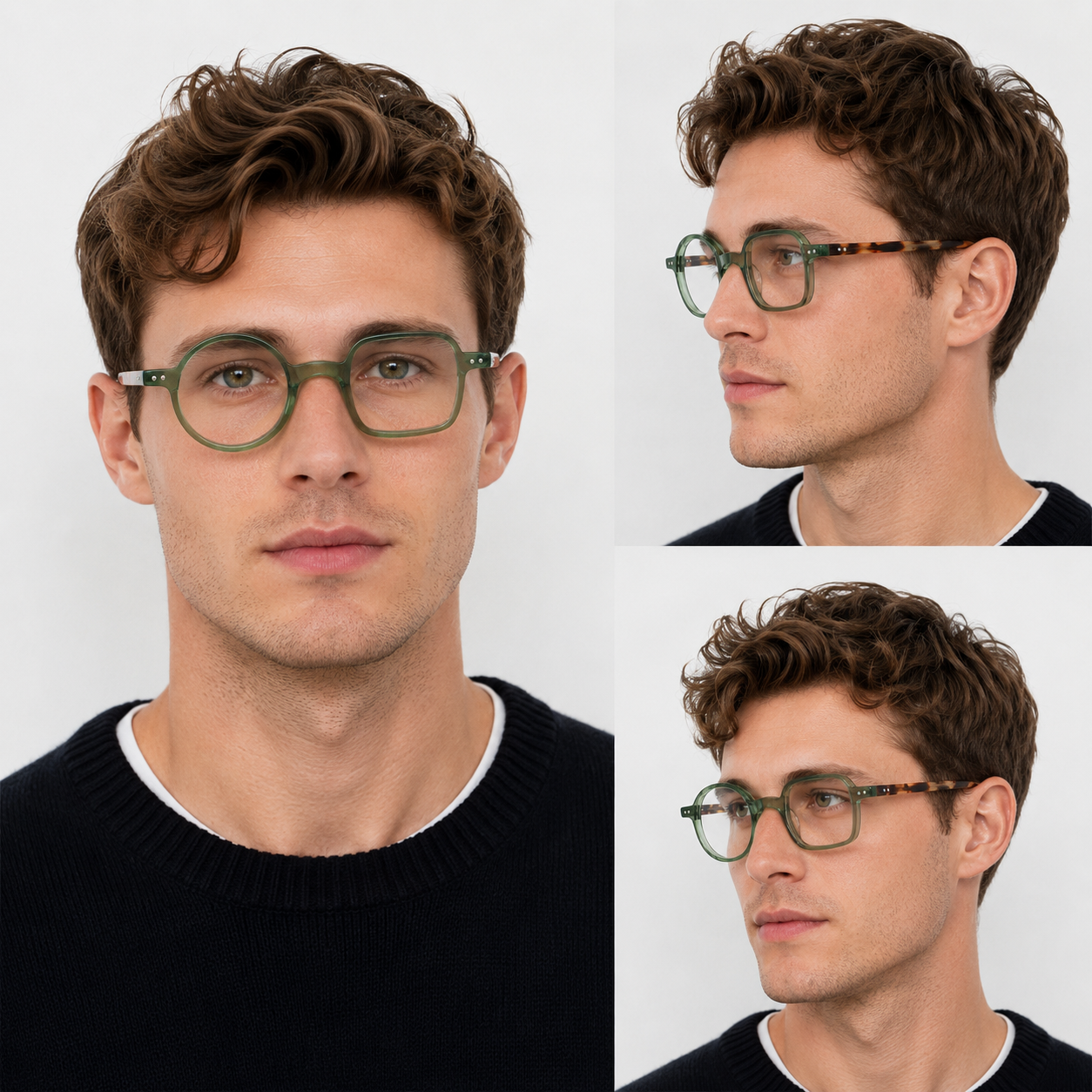 Man wearing mismatch green eyeglasses from different angles on a white background