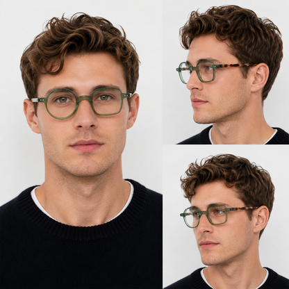 Man wearing mismatch green eyeglasses from different angles on a white background
