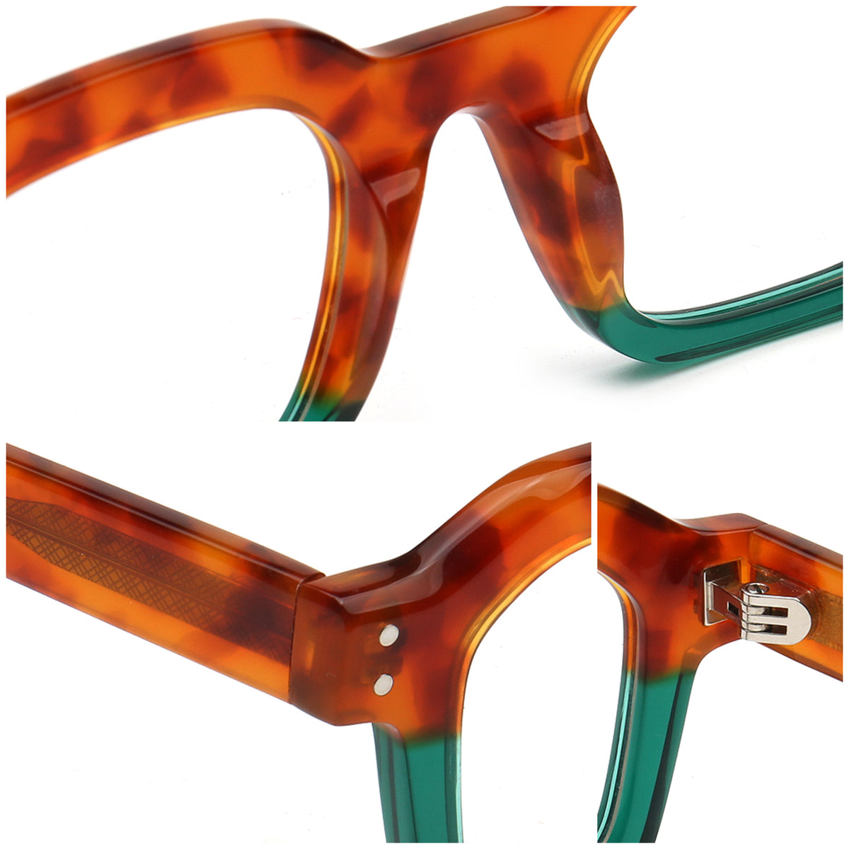 tortoise shell green acetate glasses bridge spring hinge and temple details