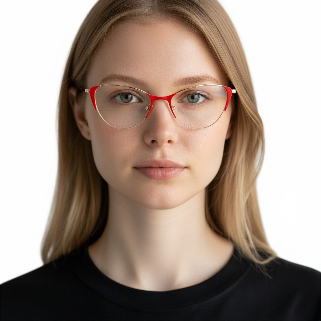 ñandú | Monturas de anteojos tipo ojo de gato con media montura para mujer | Gafas retro de acero inoxidable