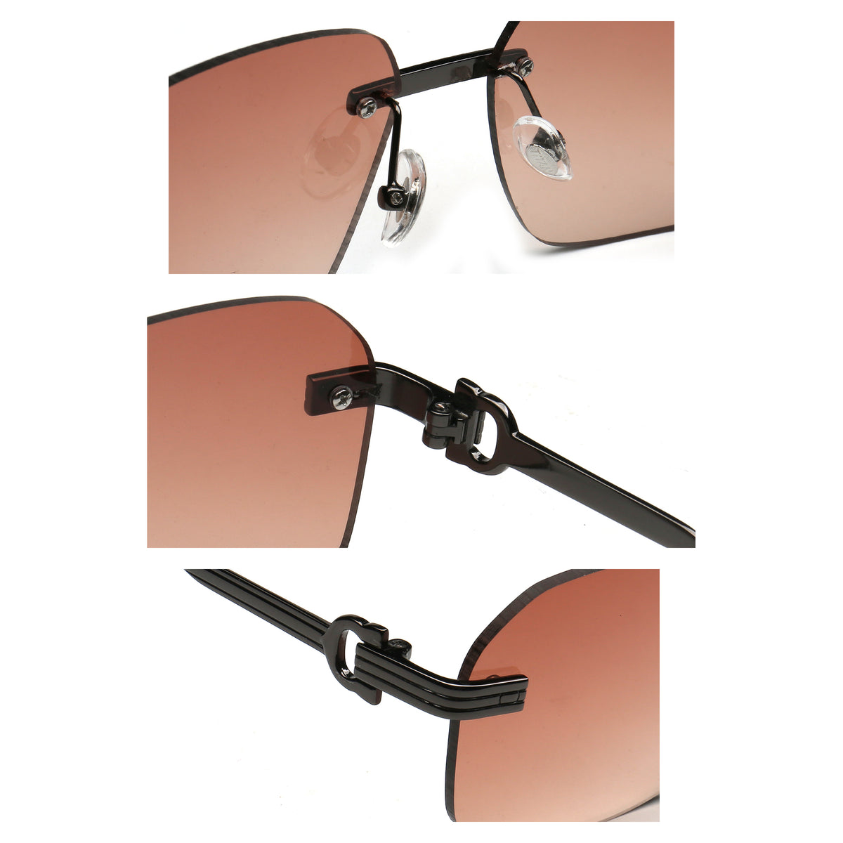 square rimless sunglasses with adjustable nose pads and metal hinge details