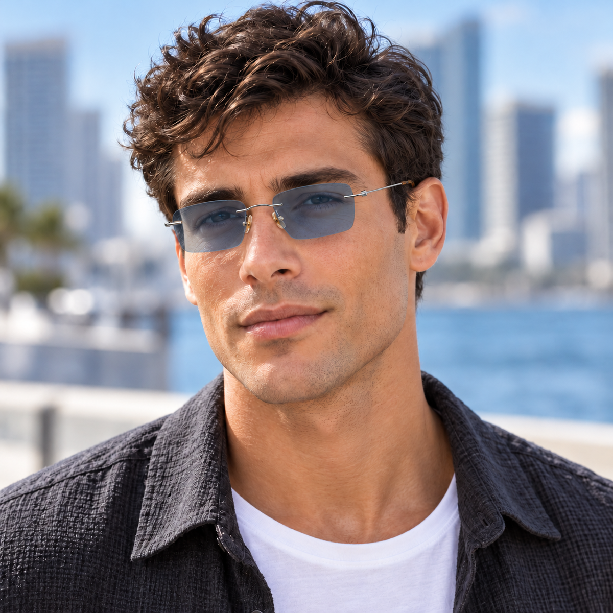 A man wearing slim metal rimless sunglasses with blue lenses