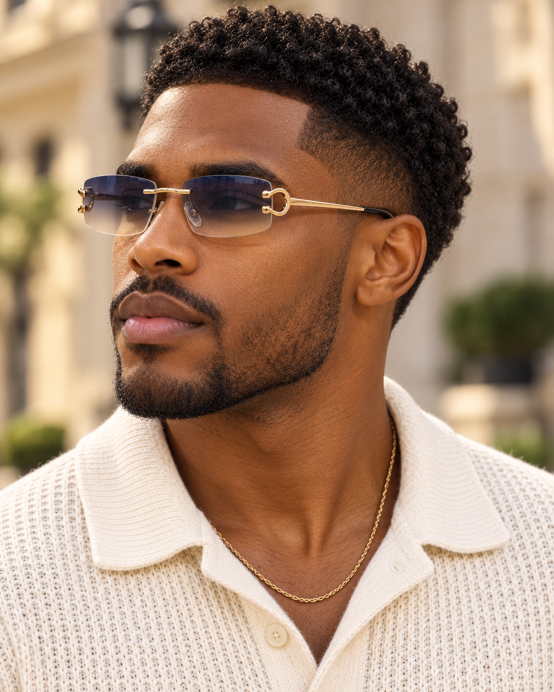A close-up of a man wearing rimless gold-framed sunglasses with dark blue-tinted lenses and a cream knit polo shirt.