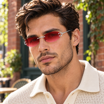 red oval rimless sunglasses 