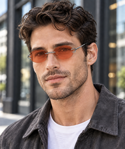 A man wearing slim silver-framed sunglasses with orange-tinted lenses, photographed outdoors against a blurred modern building background.