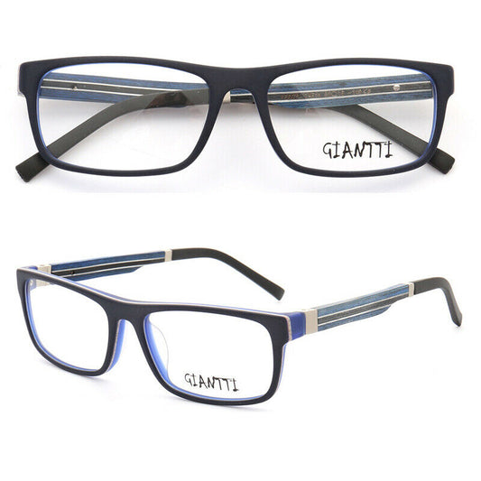 Front and side view of blue square wooden eyeglasses