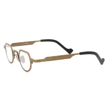 Side view of gold shield shaped titanium eyeglasses