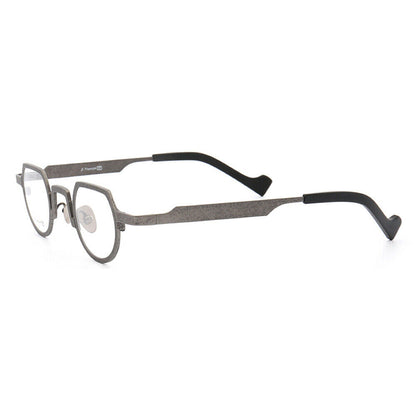 Side view of dark grey shield shaped titanium eyeglasses
