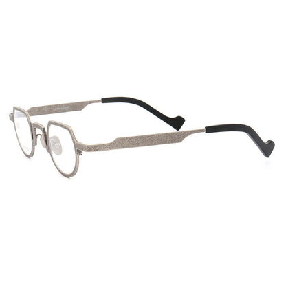 Side view of light grey shield shaped titanium eyeglasses