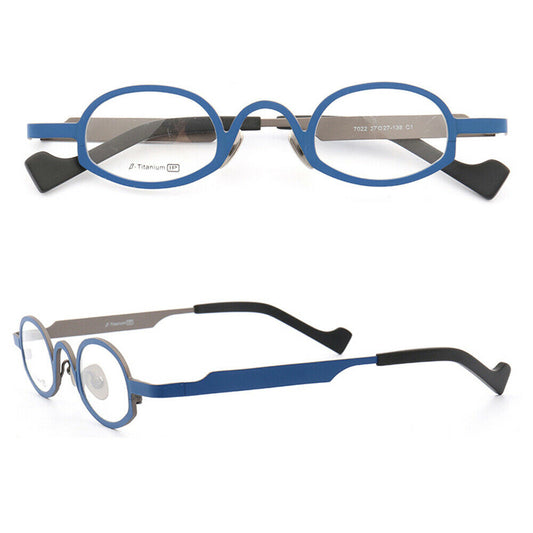 Front and side view of blue oval titanium glasses frames