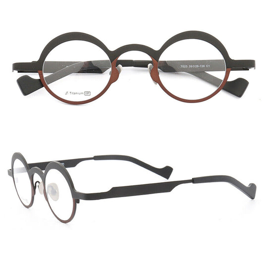 Front and side view of black and brown titanium glasses