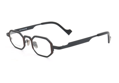 A side view of black and brown polygon shaped pure titanium eyeglasses