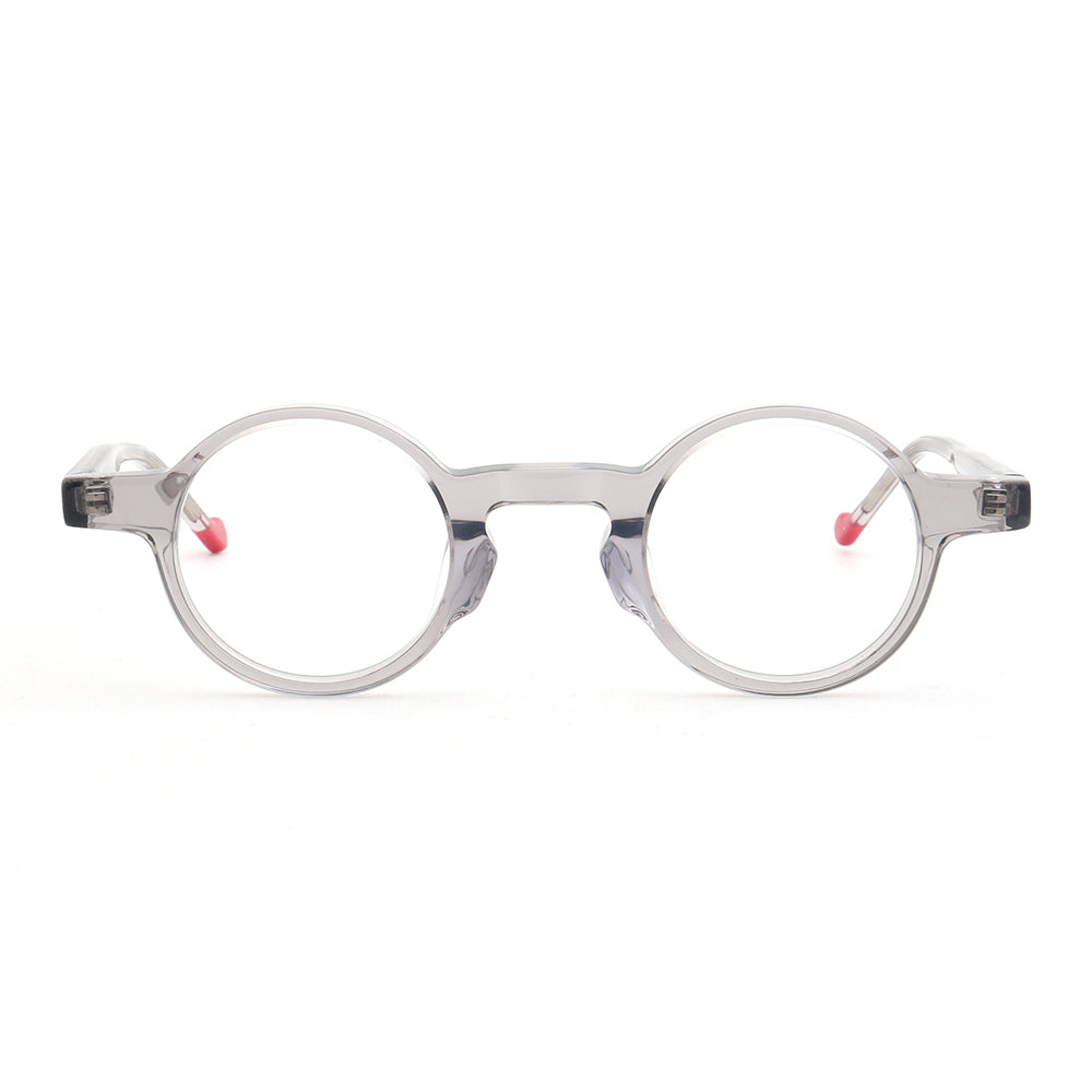Front view of transparent grey round eyeglasses