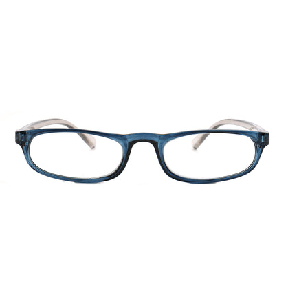 Front view of blue oval reading glasses