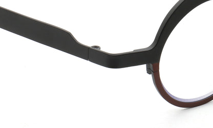 Outer hinge of black and brown titanium glasses
