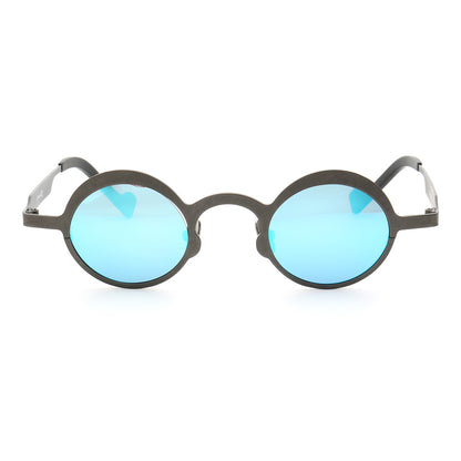 Front view of grey and blue titanium sunglasses