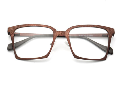 A pair of brown square stainless steel eyeglass frames
