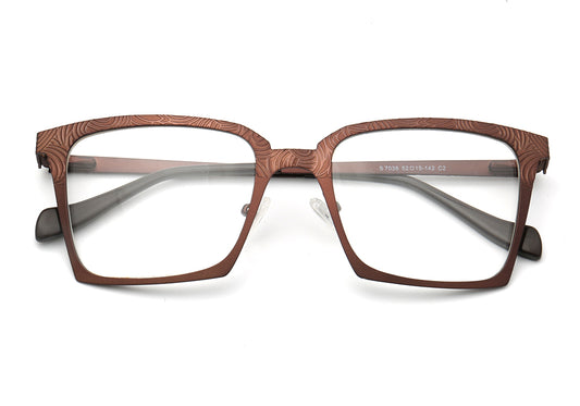 A pair of brown square stainless steel eyeglass frames