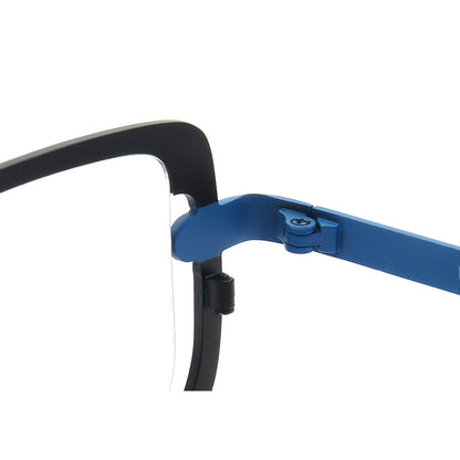 Inner hinge of blue square titanium eyeglass frames