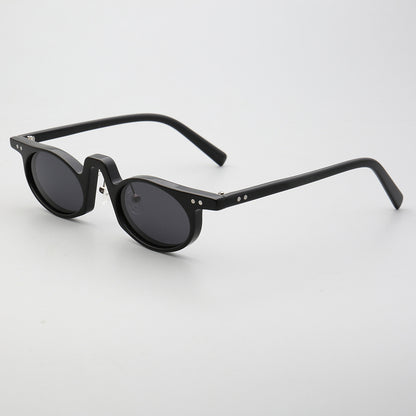 Side view of black oval shaped acetate sunglasses