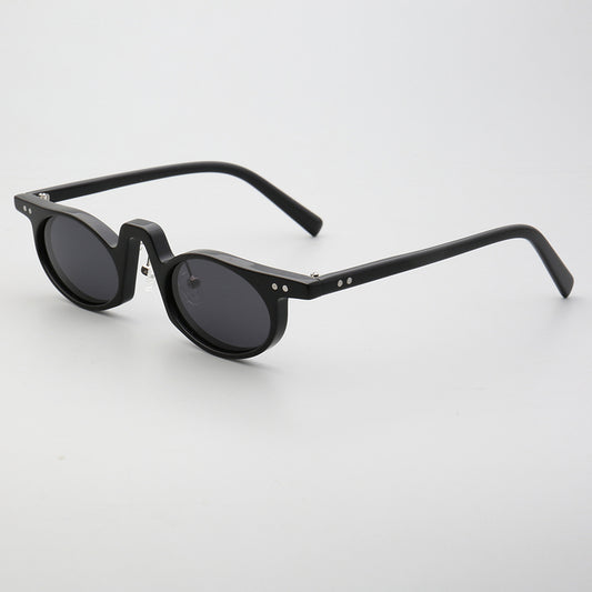 Side view of black oval shaped acetate sunglasses