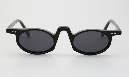 Front view of black oval shaped sunglasses