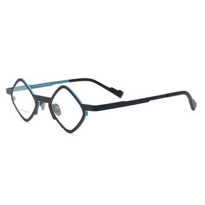 Side view of blue hipster titanium eyeglasses