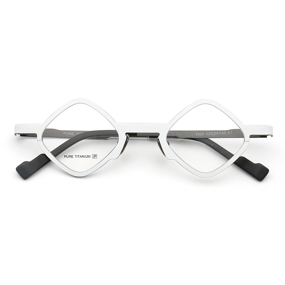 A pair of white hipster titanium eyeglasses