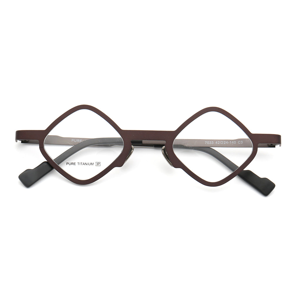 A pair of brown hipster titanium eyeglasses