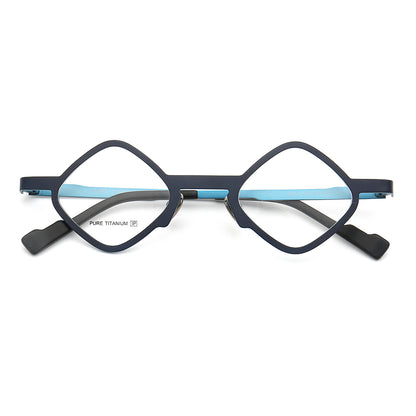 A pair of blue hipster titanium eyeglasses