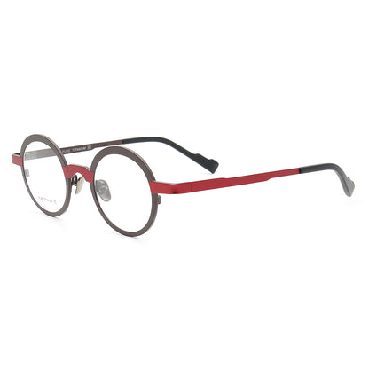 Side view of round red and black titanium eyeglasses