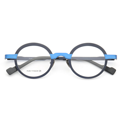 A pair of blue round titanium eyeglasses