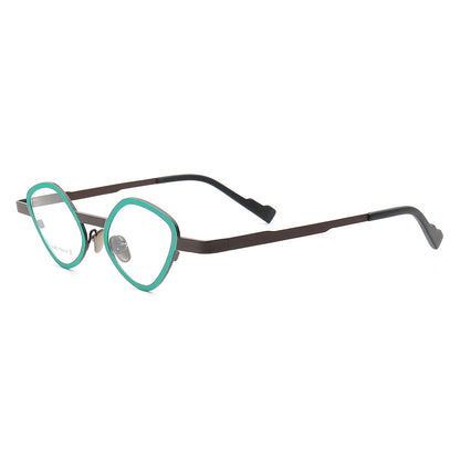 Side view of teal geometric cat eye glasses frames