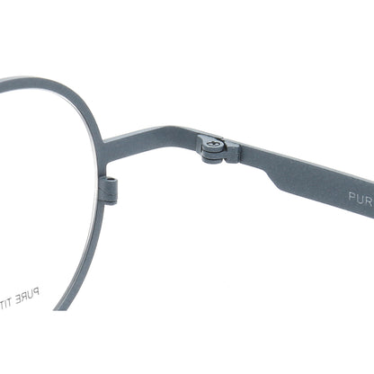 Inner hinge of blue-grey titanium eyeglasses