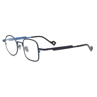 Side view of blue mismatch titanium eyeglasses