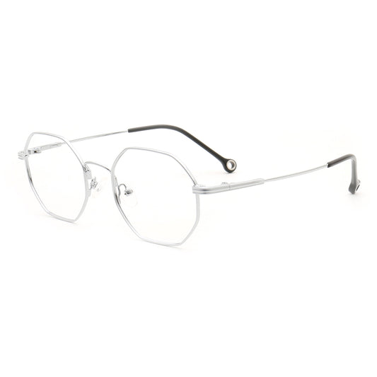 Side view of silver geometric memory metal eyeglasses
