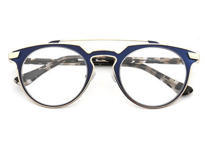 Front view of blue flat top tortoise patterned eyeglasses