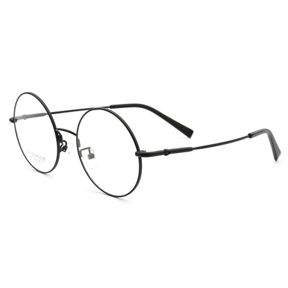 Side view of black round memory metal glasses