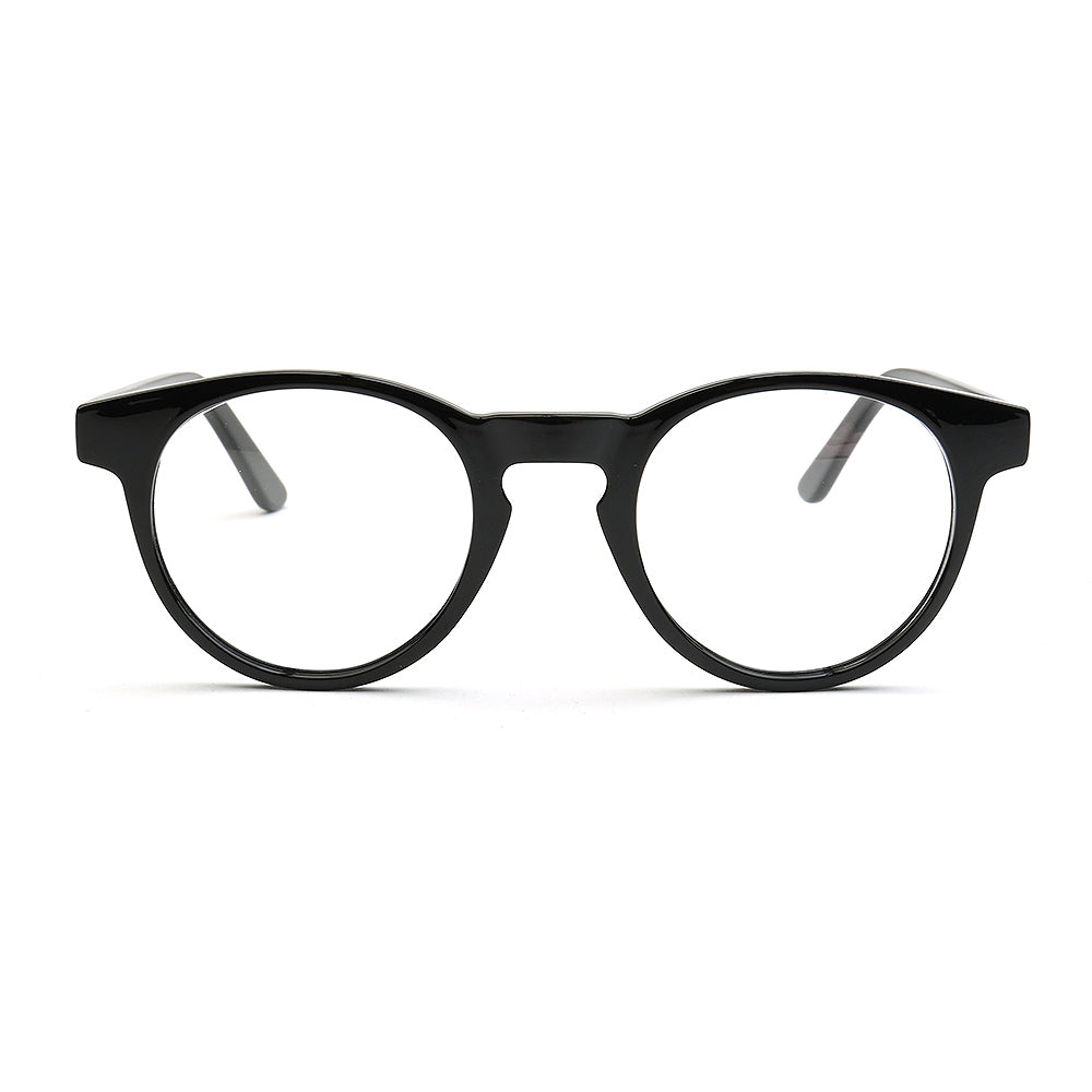 Front view of black round eyeglasses