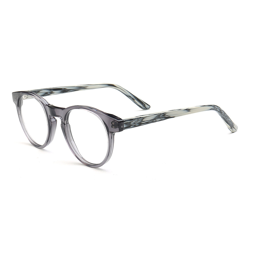 A pair of grey patterned eyeglass frames